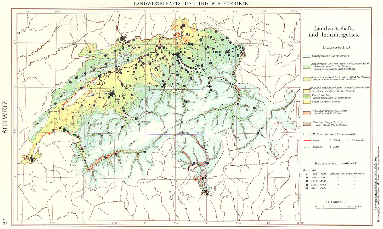 SWITZERLAND.Schweiz;LandWirtschaft Economy Industriegebiete 1958 old map
